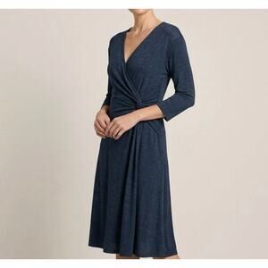 Chico’s Travelers Faux Wrap Midi Dress Geometric Print Blue Black Sz 2 = L